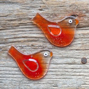 Glas fugle i rde farver til ophng, 2 stk.