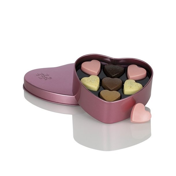 Fyldte chokoladehjerter i metallic lyser�d Cocoture metalhjerte