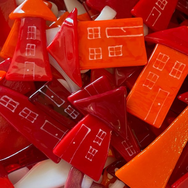 Glashuse til ophng i rde/orange farver, 5 stk.
