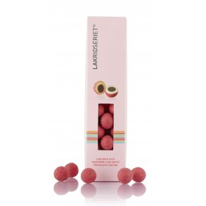 Lakridseriet Tokyo Sd lakrids med hvid chokolade drysset med hindbrpulver. 