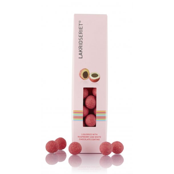 Lakridseriet Tokyo Sd lakrids med hvid chokolade drysset med hindbrpulver. 
