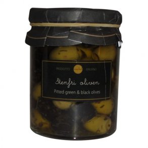 Stenfri sorte og grnne oliven i krydret olie