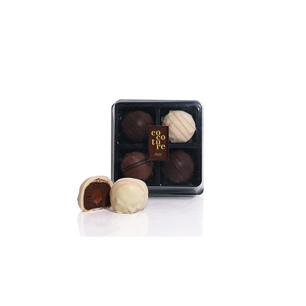 Trffelkugler hvid, flde og mrk chokolade i sort Cocoture ske